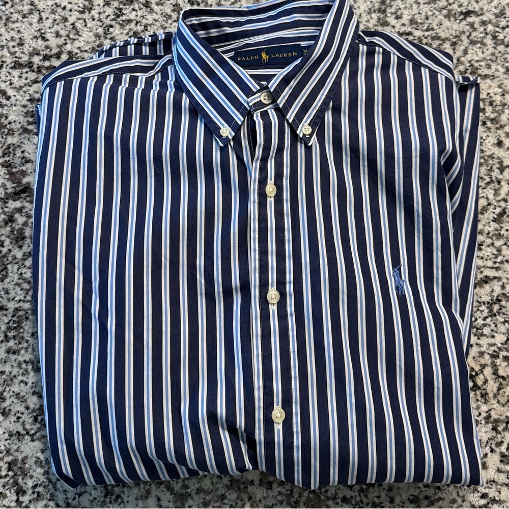 Ralph Lauren Men's Navy and White Striped Shirt XLT